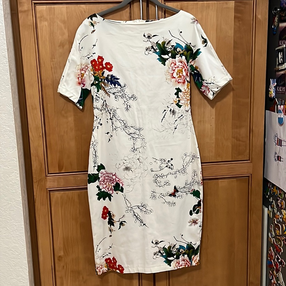 White Floral Sheath Dress - Elegant Short Sleeve